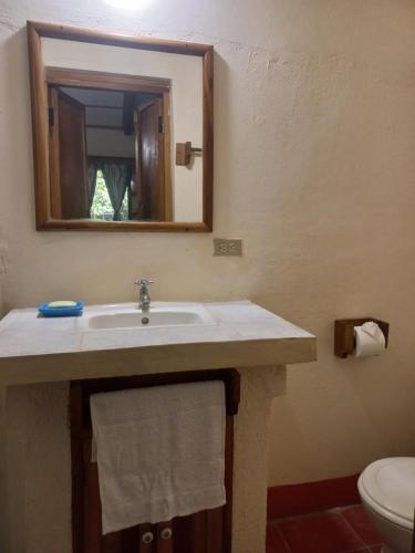 格拉纳达卡萨巴塞罗那酒店的一间带水槽、镜子和卫生间的浴室