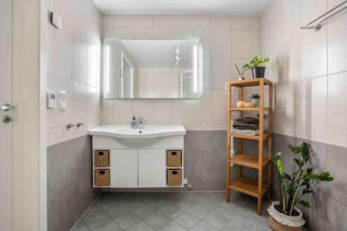 特罗姆瑟Warm and lovely apartment with free parking的一间带水槽和镜子的浴室