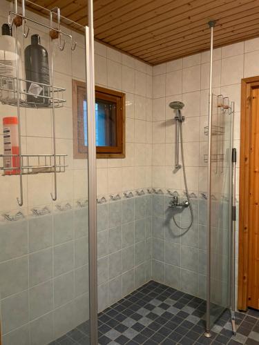 Villa Salir - bedroom, kitchen and bathroom的带淋浴的浴室和玻璃门