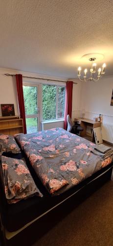 WillenSpacious and Serene Stay near Milton Keynes centre的一间卧室配有一张床、一张书桌和一个窗户。