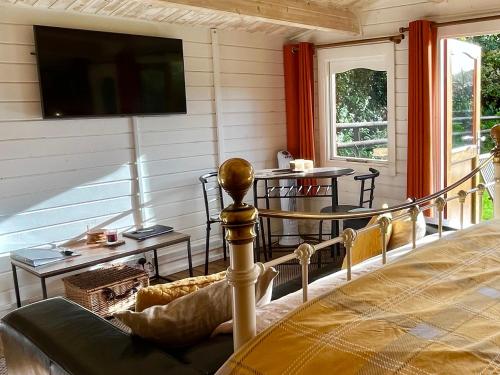 多切斯特Primrose Cabin的卧室配有一张床,墙上配有电视。