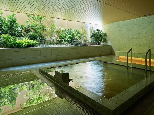 柏市三井花园饭店柏叶 / 千叶的树木繁茂的建筑里的一个水池