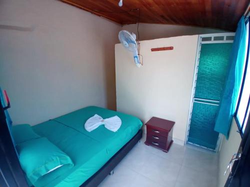 比利亚维哈Posada Turística Noches De Saturno的一间小卧室,配有绿色的床和窗户