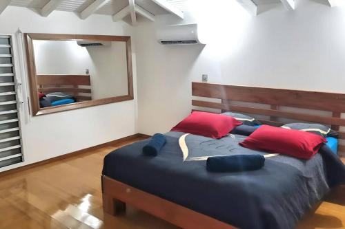 哥西尔P'ti Paradise的一间卧室配有一张大床、红色枕头和镜子