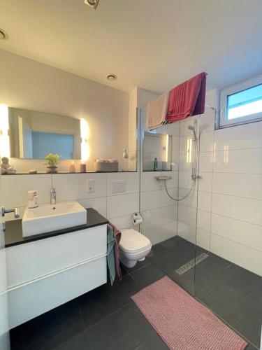 奥尔登堡Deluxe Apartment mit Stil - Carport Stellplatz - Küche - NETFLIX的浴室配有卫生间、盥洗盆和淋浴。
