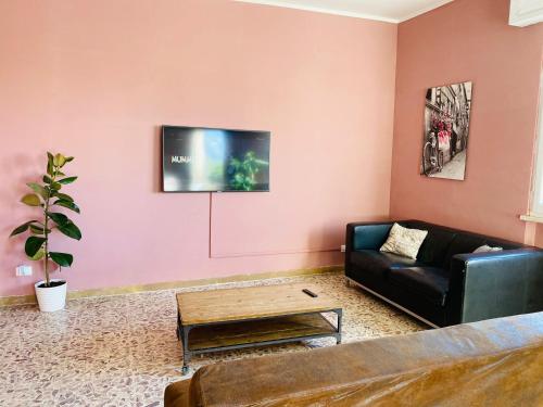 比萨Jane's Apartment Rental的客厅配有沙发和粉红色墙壁上的电视