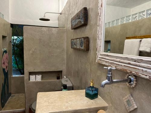 布希奥斯Oca House的一间带水槽、镜子和淋浴的浴室