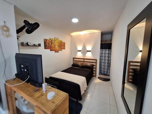 圣拉菲尔Osimiri apartamento Naturaleza y aventura的一间带一张床和壁炉的小卧室