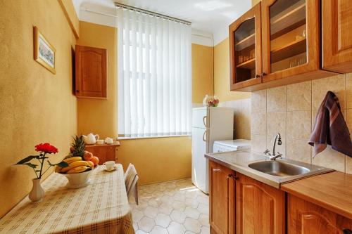 基辅舍伯恩精品公寓酒店的厨房配有水槽和冰箱