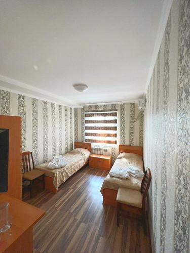 KökterekСанаторий Босага сарыагаш的一间卧室设有两张床、一台电视和一扇窗户。