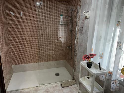 卡马斯Sevilla Apartamento en Camas a minutos del centro de Sevilla Wifi的带淋浴、卫生间和盥洗盆的浴室