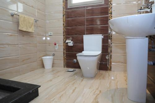 开罗Luxurious apartment - New Cairo的浴室配有白色卫生间和盥洗盆。