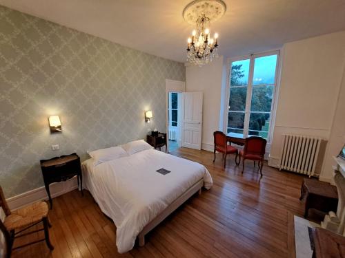 奥利韦Château du Rondon的一间卧室配有一张床和一个吊灯