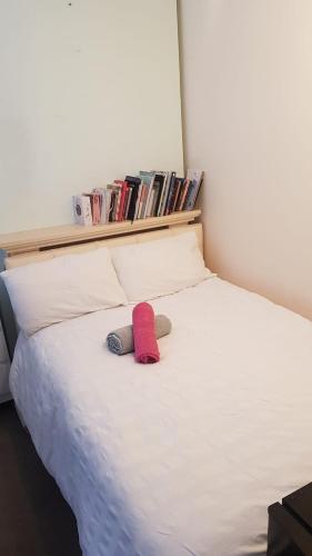 伦敦Double bedroom in Raynes Park的一张有红帽的床和两只塞满动物的床