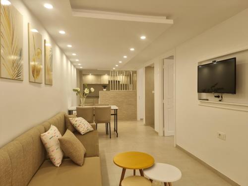 纳布勒Appartement de luxe près de la mer的客厅配有沙发和墙上的电视