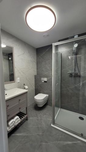 KarniewoHotel & Restauracja Wróblewscy的带淋浴、卫生间和盥洗盆的浴室