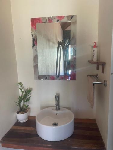 枚州县Mai Chau Hillside Homestay的浴室设有白色水槽和镜子
