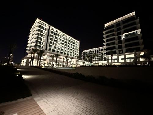麦纳麦Address Beach Resort Residence的两座高楼晚上点亮