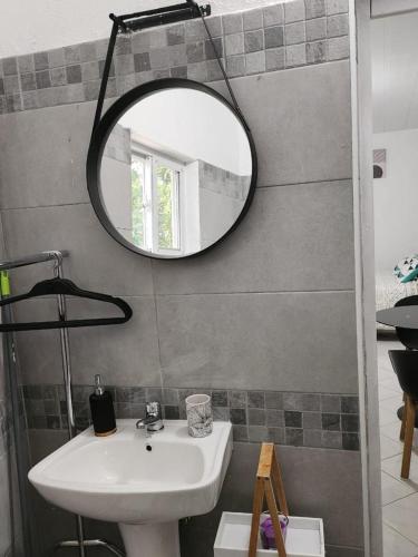 马罗尼河畔圣洛朗Résidence DENGUELE Studio的浴室设有水槽和墙上的镜子