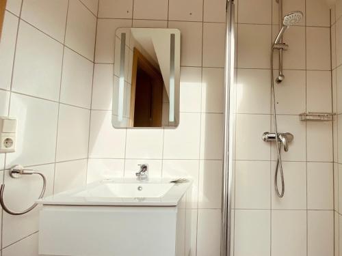 卢森堡阿拉米斯一室公寓公寓式酒店的白色的浴室设有水槽和淋浴。