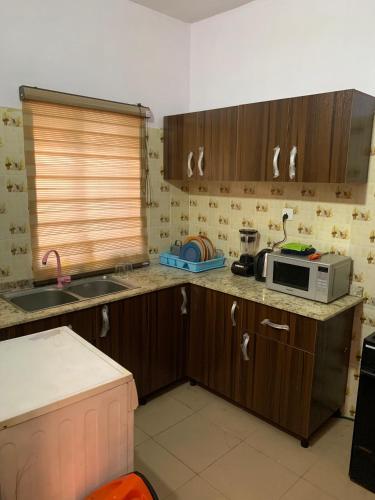 Suru LereJesam House的厨房配有水槽和台面上的微波炉