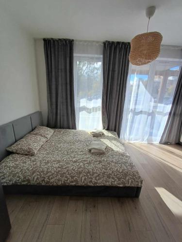 克拉科夫Wielicka Apartment 3的一间卧室设有一张床和一个大窗户