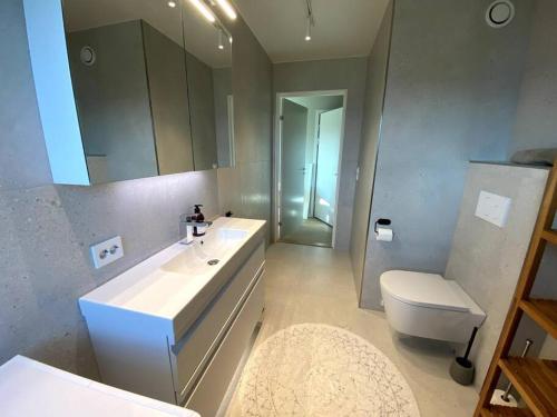特罗姆瑟Hjemmekoselig leilighet med nydelig utsikt的一间带水槽、卫生间和镜子的浴室