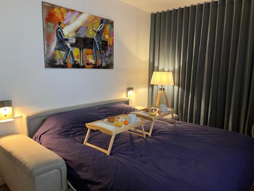 拉罗谢尔Superbe appartement cosy - Plage des minimes的一间卧室配有一张带桌子和沙发的床