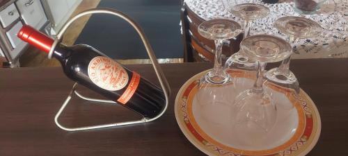 卡内拉Casa em Canela RS的桌子上放有一瓶葡萄酒和两杯酒