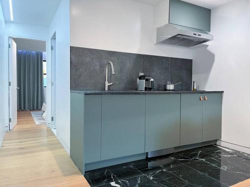 布鲁克林New Cozy Modern Minimalist Stay in Brooklyn at Rem-Casa的厨房配有蓝色橱柜和水槽