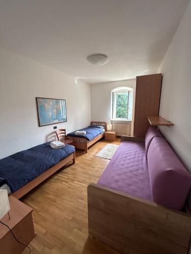 布伦托尼科CA' EDDA APPARTAMENTO ANNA的一间带两张床和一张沙发的客厅