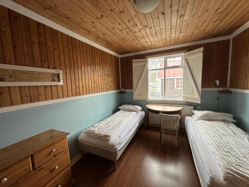 雷扎尔菲厄泽Tærgesen Guesthouse的客房设有两张床、一张桌子和一扇窗户。