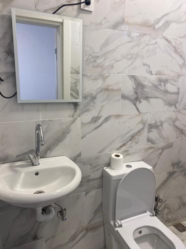 伊斯坦布尔yenikapı hotel的一间带水槽、卫生间和镜子的浴室