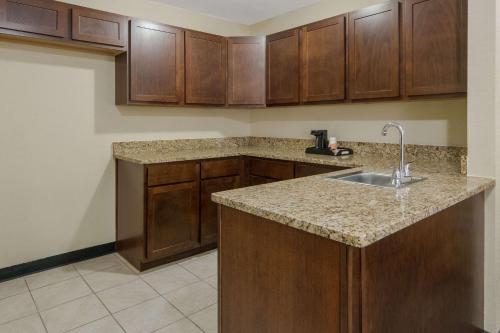 罗阿诺克Quality Inn & Suites Roanoke - Fort Worth North的一个带水槽和木橱柜的厨房