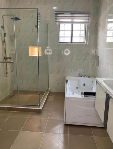 莱基Urban Retreat Luxury Shortlet Apartment Lekki Lagos的带淋浴、浴缸和盥洗盆的浴室