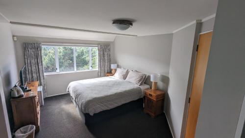 惠灵顿Harbour Lodge Wellington的一间小卧室,配有床和窗户
