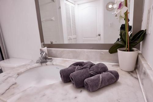 迈阿密City & Sea View+FREE Parking Modern Condo的浴室设有水槽和台面上的毛巾