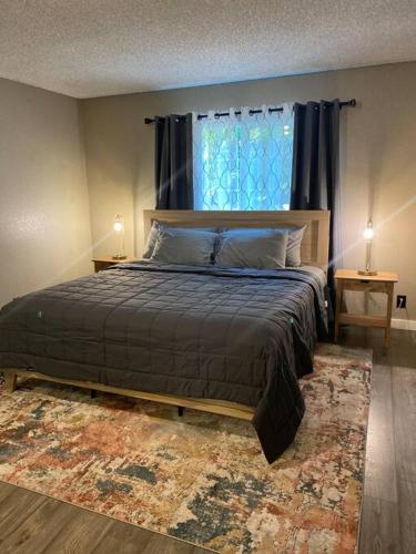 East WenatcheeCharming 3 Bedroom home with chimney & RV parking的一间卧室配有一张带窗户和地毯的床