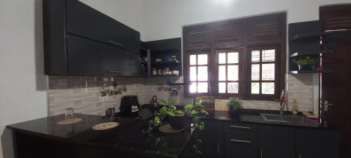 迪克韦勒Abinu"s Place的厨房配有黑色橱柜和黑色台面