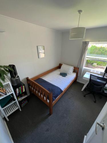 惠灵顿Linden Lodge Haven的一间卧室配有一张床、一张书桌和一个窗户。