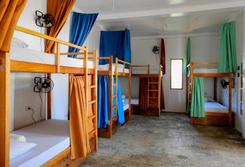 卢纳将军城Three Little Birds Hostel的房屋内带4张双层床的房间