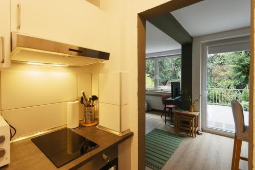 杜伊斯堡Central apartment with Terrace的一间带炉灶的厨房 客厅旁的顶级烤箱