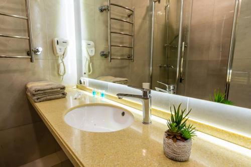 阿拉木图Apartments golden Square 162的一间带水槽、淋浴和镜子的浴室