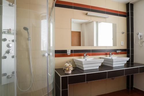 布拉迪斯拉发21号酒店的一间带两个盥洗盆和淋浴的浴室