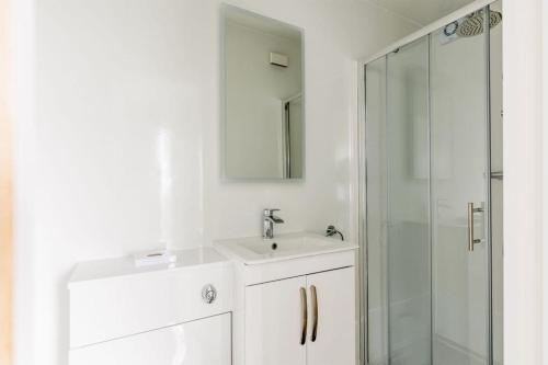 波特兰Upper Cliff Studio的白色的浴室设有水槽和淋浴。