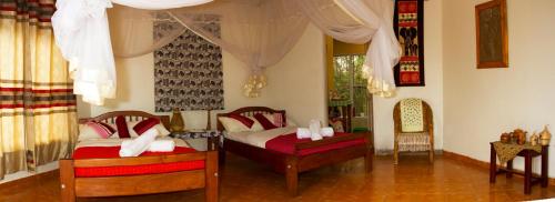 KasenyiEuphorbia Safari Lodge的一间卧室设有两张床和窗户。