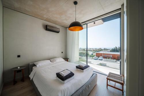 PaphosGreenvale Park Villas的一间卧室设有一张大床和一个大窗户
