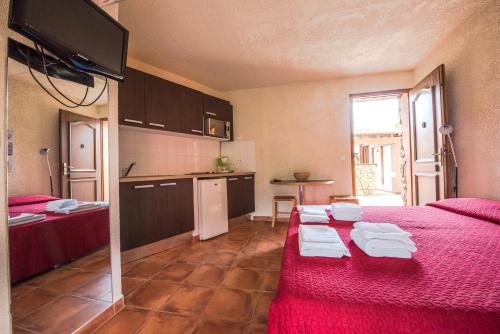 皮亚纳U Casinu的一间设有红色床和厨房的房间