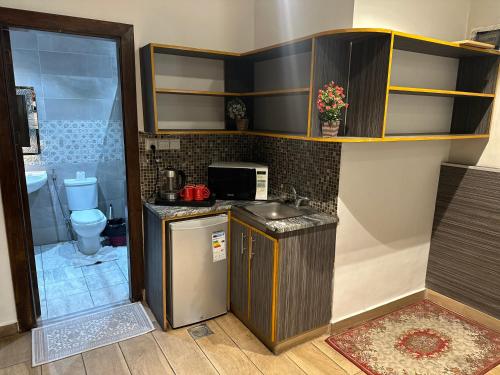 亚喀巴ArwaHotel Apartments اروى للشقق الفندقية的一间带水槽和卫生间的小厨房