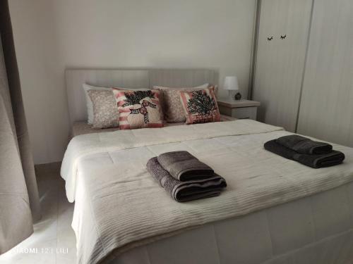 马萨尔福恩Lilly's Sea view, beachfront apartment的一间卧室配有一张床,上面有两条毛巾
